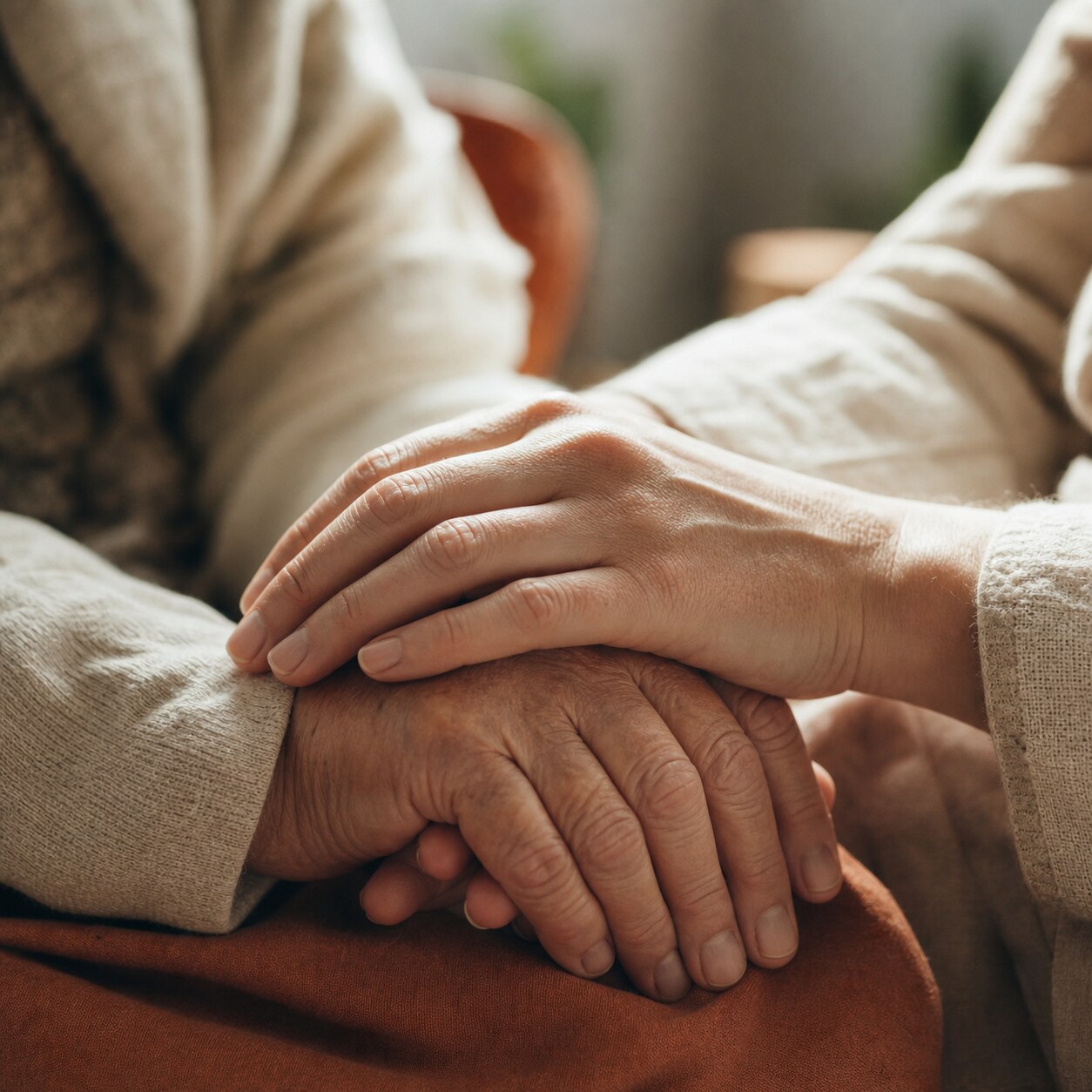 Opiekunka trzyma dłoń seniorki z troską i szacunkiem